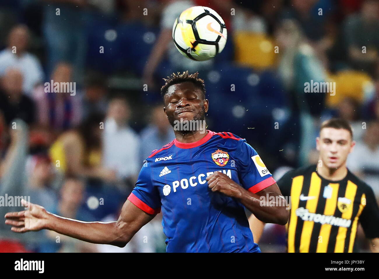 Moscow, Russia. 2nd Aug, 2017. FC CSKA Moscow's Aaron Samuel Olanare heads  the ball during the second leg of their 2017/18 UEFA Champions League third  qualifying round tie against AEK Athens at