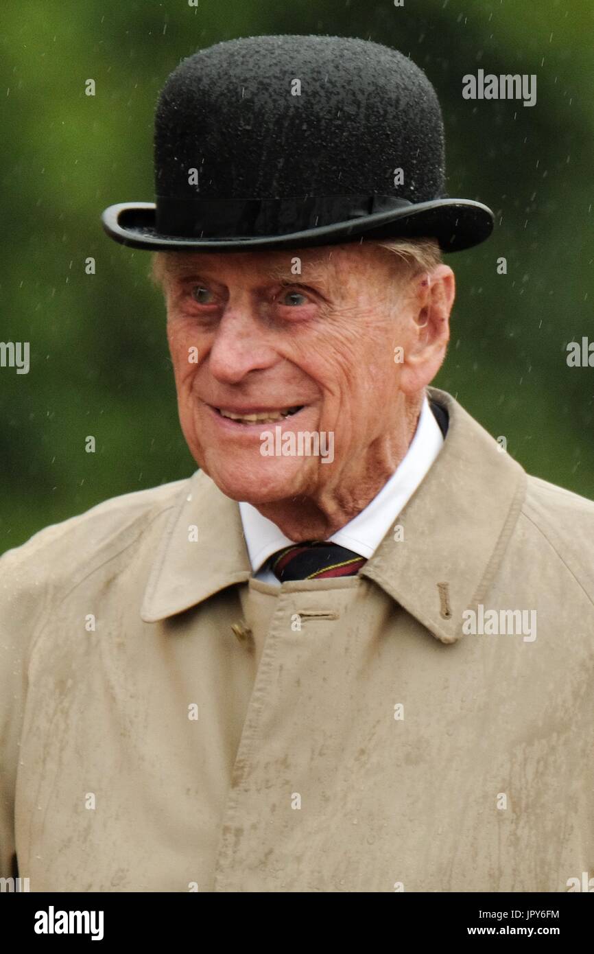 London, UK. 2nd August, 2017. London, Royal Marines' Captain General for the last time at Buckingham Palace in London. 2nd Aug, 2017. Britain's Prince Philip, Duke of Edinburgh, smiles as he attends a parade in the role of Royal Marines' Captain General for the last time at Buckingham Palace in London, Britain on Aug. 2, 2017. Prince Philip, husband of Queen Elizabeth II, carries out his final solo public engagement Wednesday before he retires from royal duties. Credit: Pool/Xinhua/Alamy Live News Stock Photo
