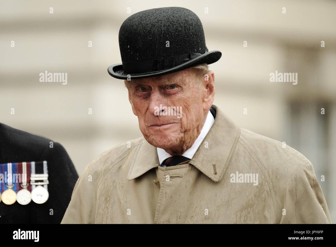 London, UK. 2nd August, 2017. London, Royal Marines' Captain General for the last time at Buckingham Palace in London. 2nd Aug, 2017. Britain's Prince Philip, Duke of Edinburgh, reacts as he attends a parade in the role of Royal Marines' Captain General for the last time at Buckingham Palace in London, Britain on Aug. 2, 2017. Prince Philip, husband of Queen Elizabeth II, carries out his final solo public engagement Wednesday before he retires from royal duties. Credit: Pool/Xinhua/Alamy Live News Stock Photo