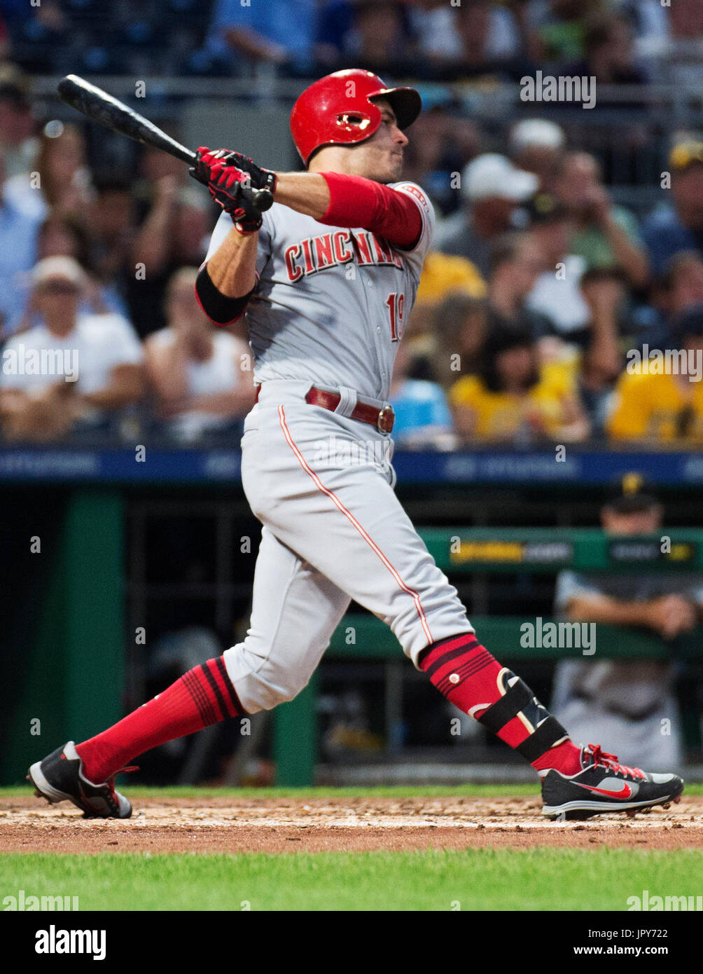 August 2, 2017: Cincinnati Reds third baseman Eugenio Suarez (7) throws to  first against Pittsburgh in their game at PNC Park. Brent Clark/Cal Sport  Media (Cal Sport Media via AP Images Stock