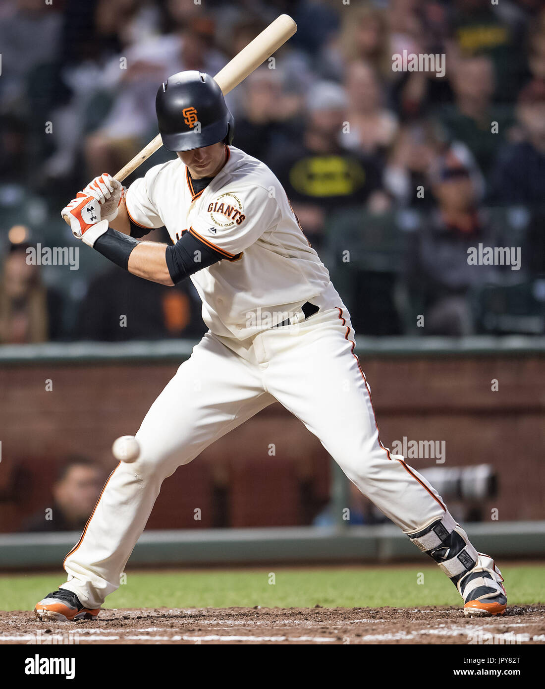 San Francisco, California, USA. 2nd August, 2017. San Francisco Giants catcher Buster Posey (28) taking a pitch in the fourth inning, during a MLB game between the Oakland Athletics and the San Francisco Giants at AT&T Park in San Francisco, California. Valerie Shoaps/CSM/Alamy Live News Stock Photo