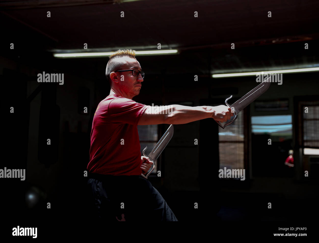 New York, USA. 3rd Aug, 2017. Alex Richter shows the Butterfly Swords ...
