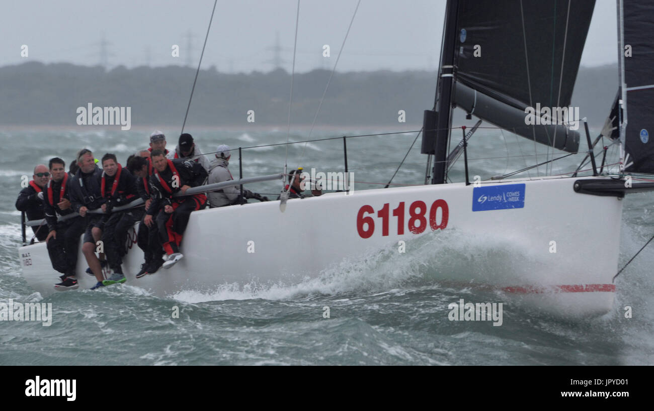 Cowes, UK. 03rd Aug, 2017. Lendy Cowes Week Sailing Triple Crown Class IRC Zero Race held in 4o knot gusts of wind Tschuss, USA. 03rd Aug, 2017. Credit: Leo Mason sports photos/Alamy Live News Stock Photo