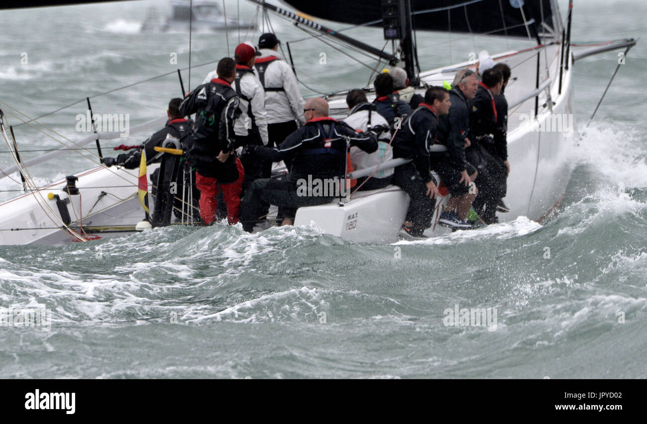 Cowes, UK. 03rd Aug, 2017. Lendy Cowes Week Sailing Triple Crown Class IRC Zero Race held in 4o knot gusts of wind Tschuss, USA. 03rd Aug, 2017. Credit: Leo Mason sports photos/Alamy Live News Stock Photo