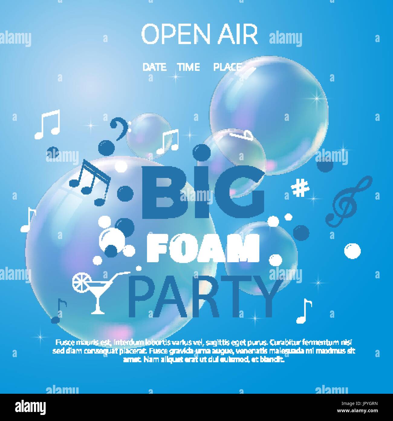 Foam Party summer Open Air. Beach foam party poster or flyer design