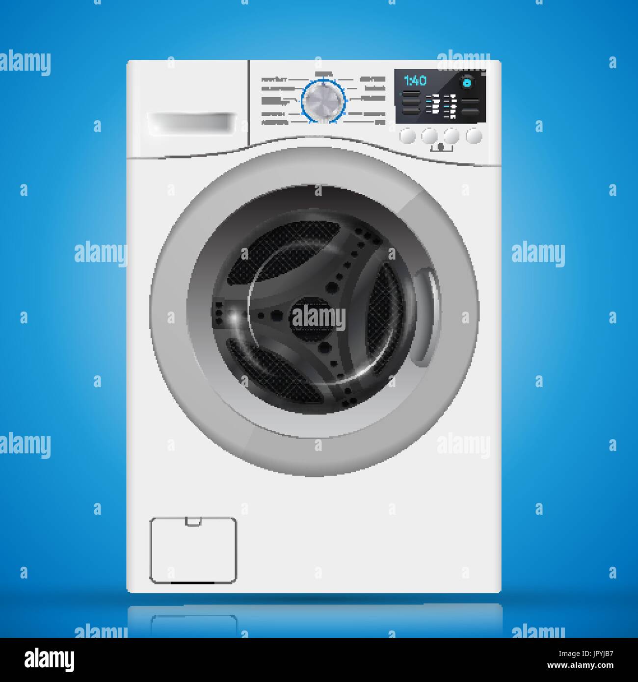 Realistic  white front loading washing machine on a  blue background. Front view, close-up. 3d realistic vector washer. closed door Stock Vector