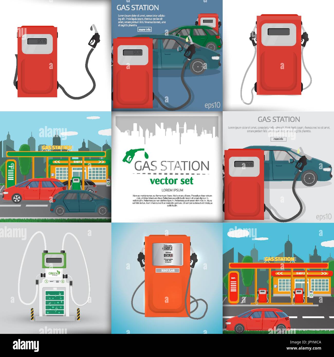 Big vector set .Gas station infographics elements and background. Can be used for business data, web design, brochure template. one page design. vecto Stock Vector