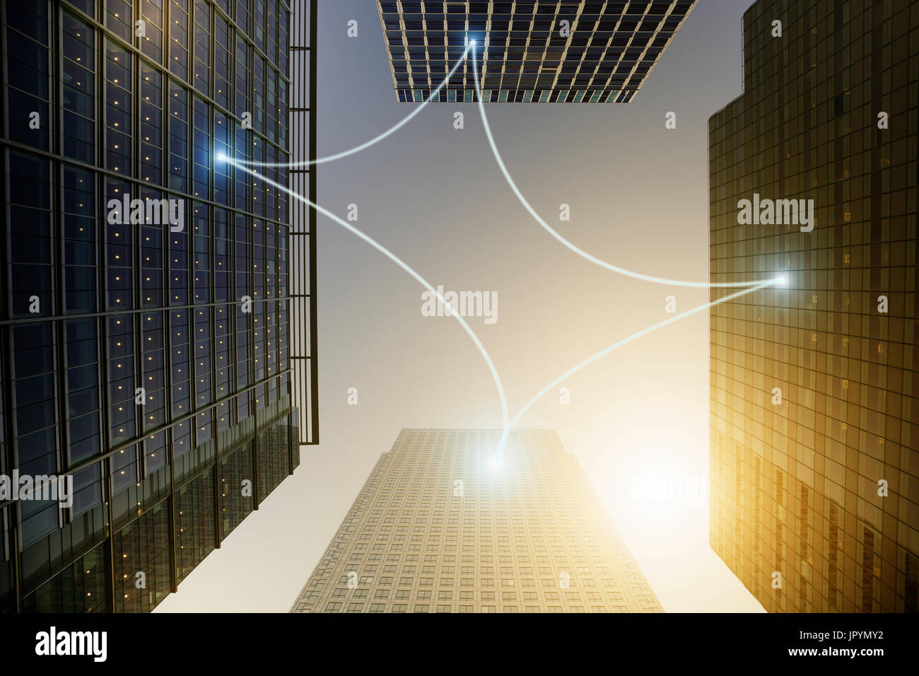 Image showcasing Fiber optic light communication connecting highrise buildings, concept ...
