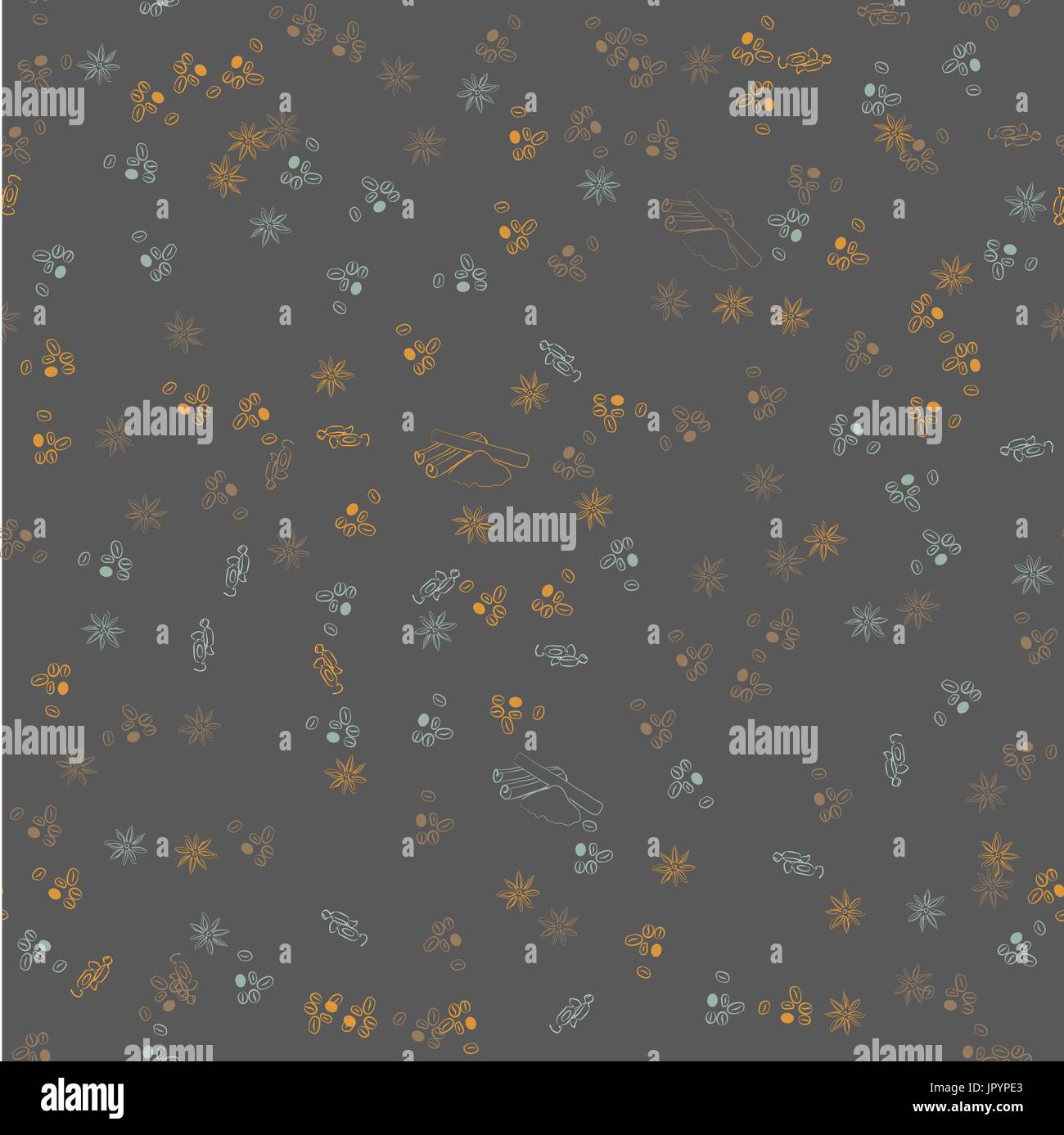 Hand drawn coffee beans vector  seamless background. Sweets, coffee beansa, vanilla and star anise. Stock Vector