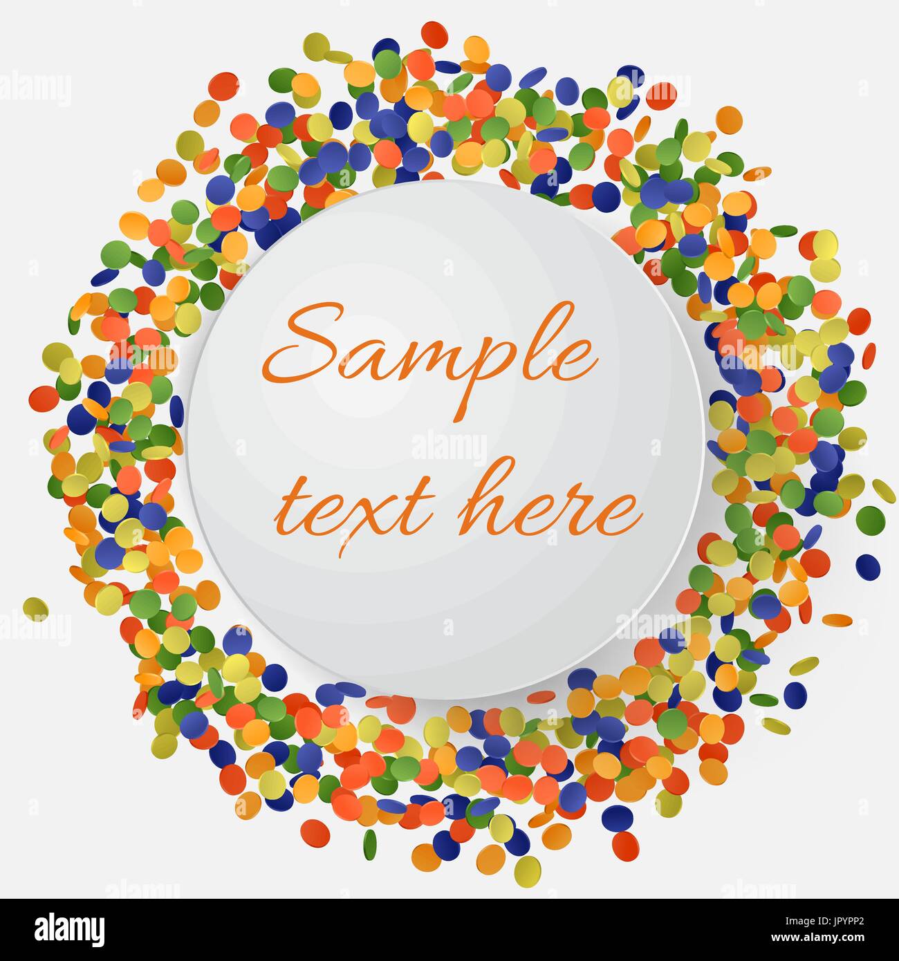 Colorful confetti background with round plate. Vector Illustration