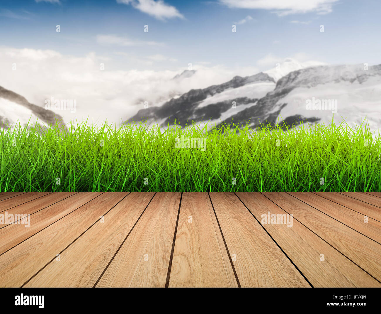 wooden floor with green grass on snow mountain background Stock Photo ...