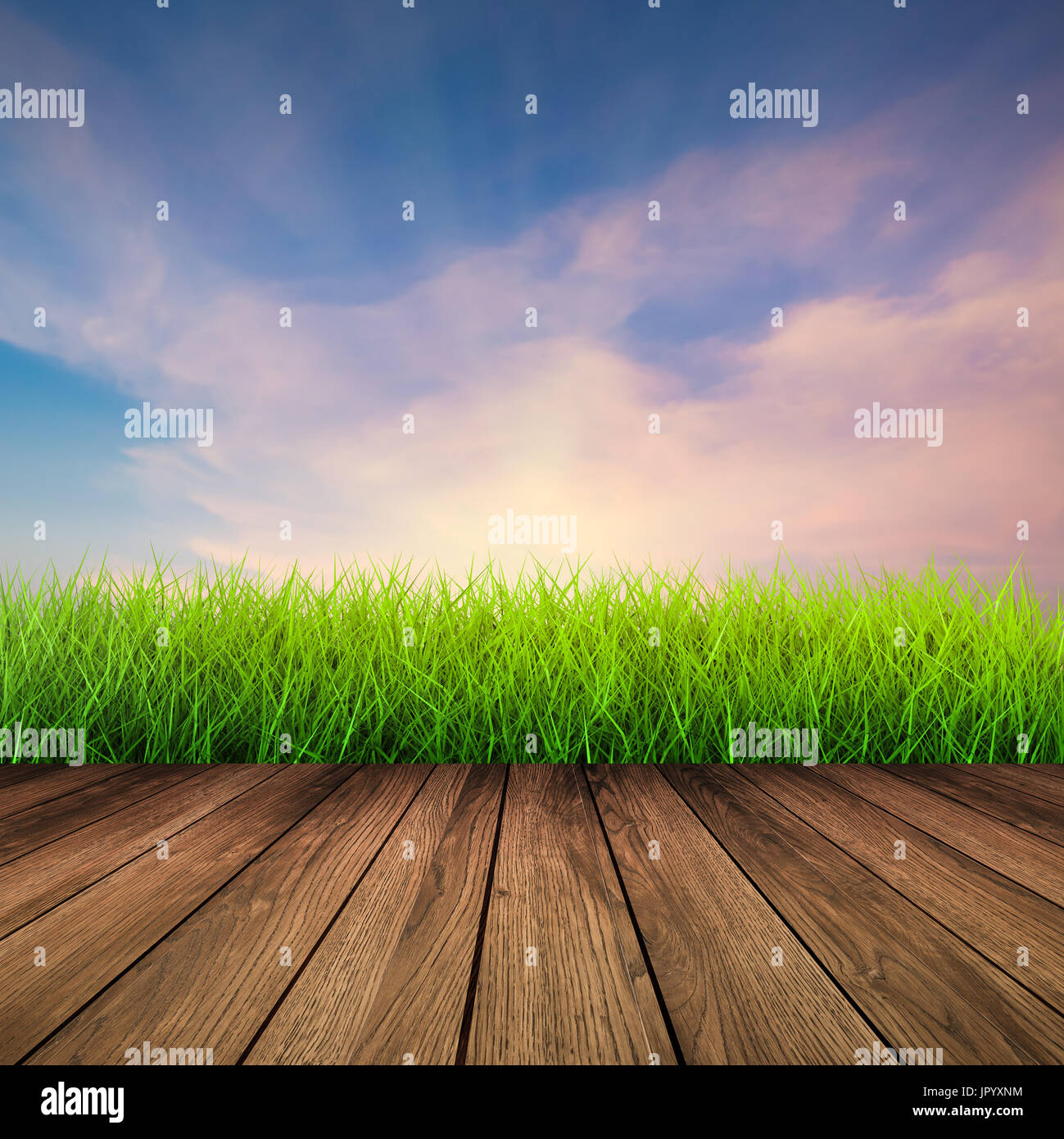 wooden floor with green grass on twilight sky background Stock Photo ...