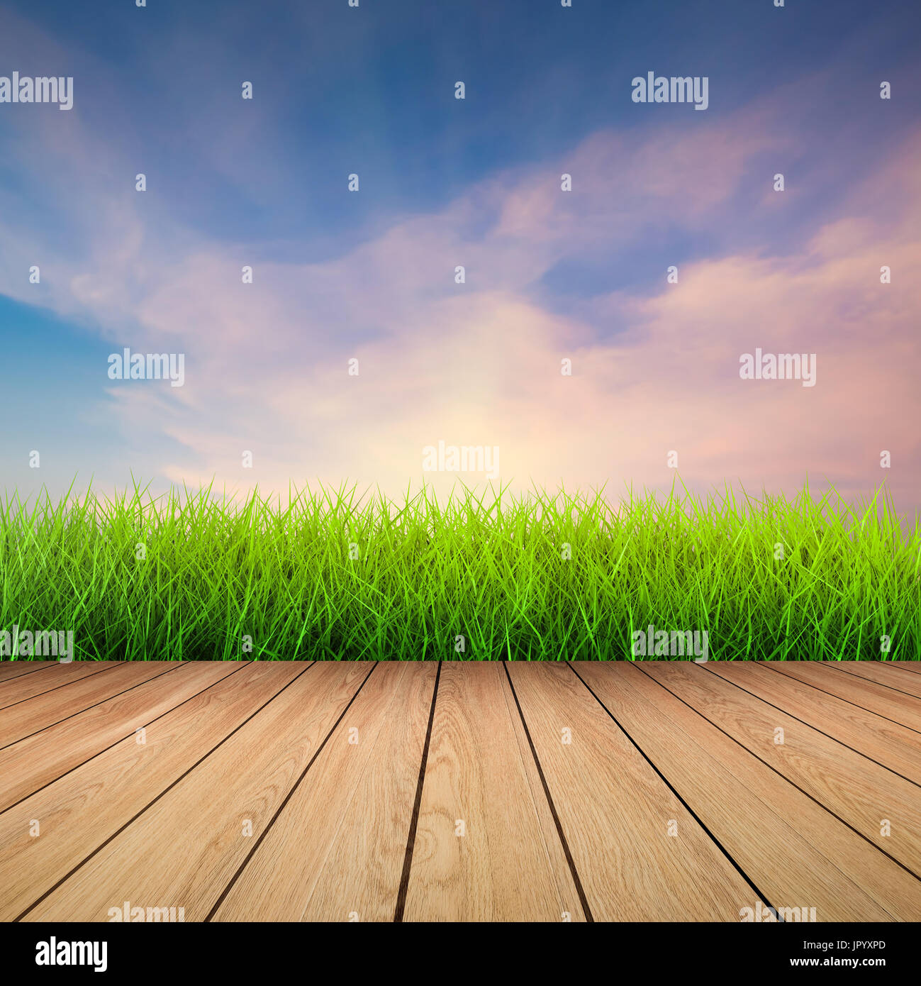 wooden floor with green grass on twilight sky background Stock Photo ...