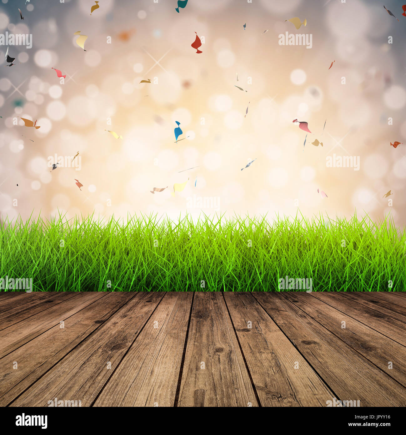 wooden floor with green grass on confetti background Stock Photo Alamy