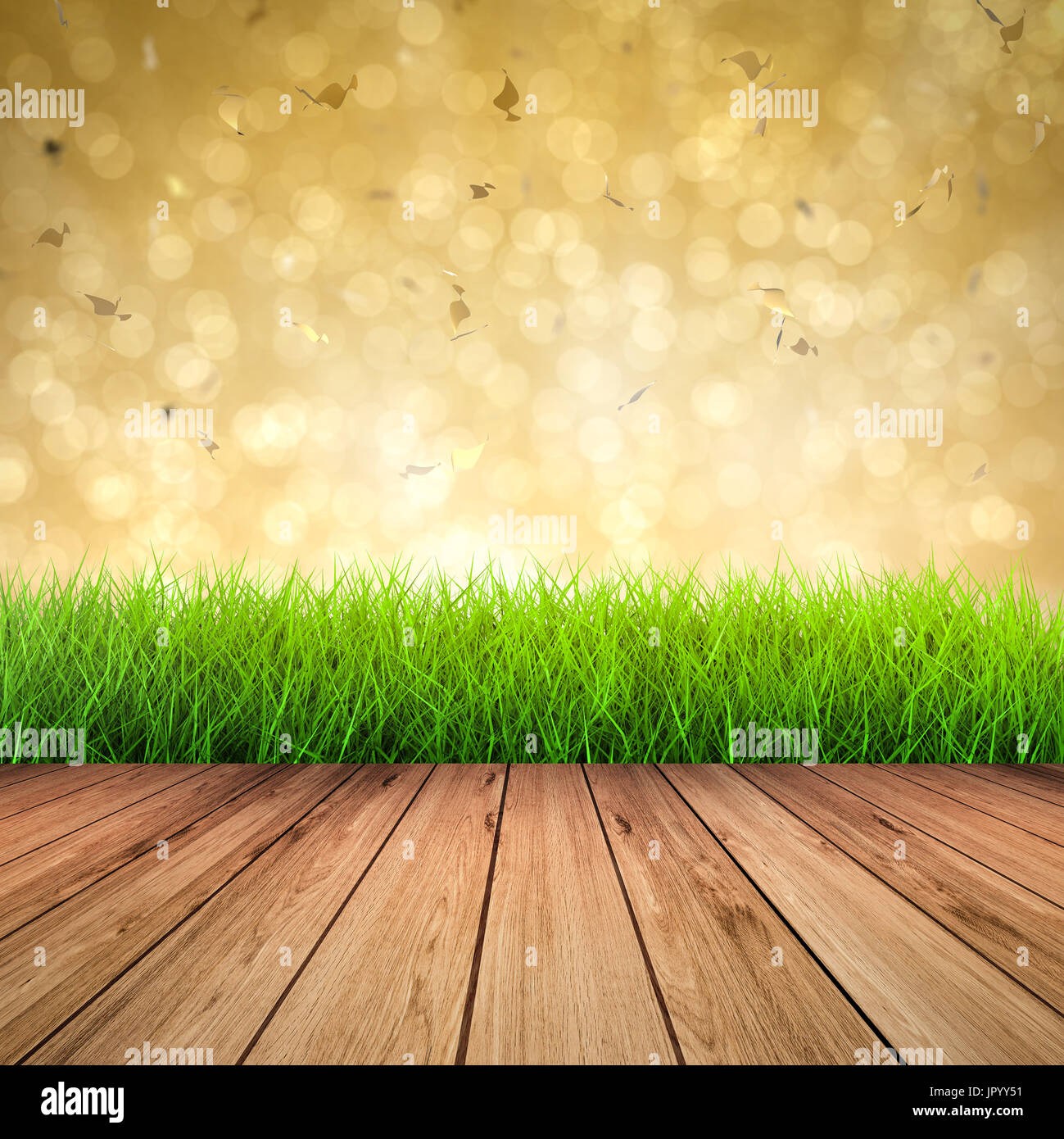 wooden floor with green grass on gold glitter background Stock Photo ...