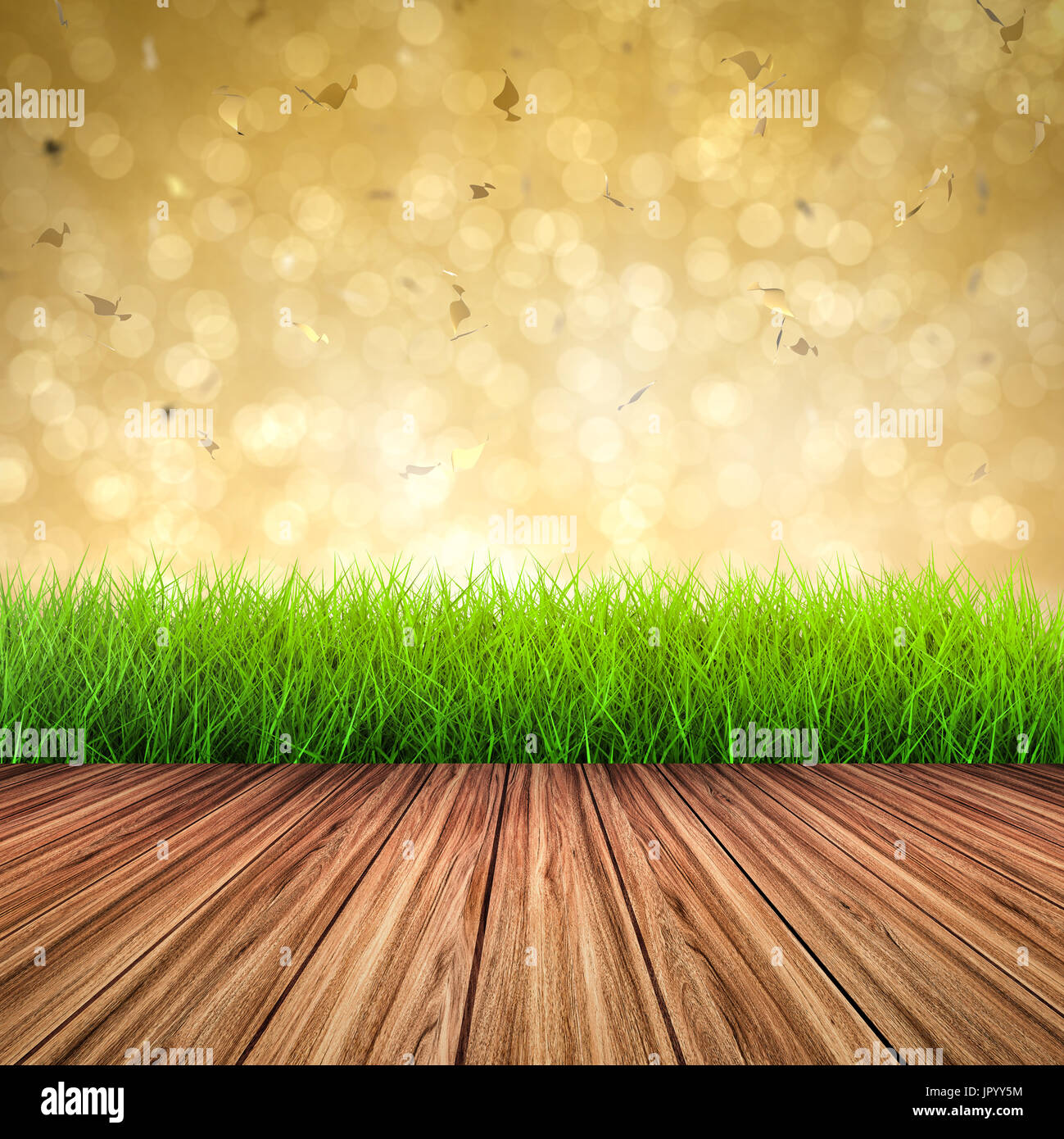 wooden floor with green grass on gold glitter background Stock Photo ...