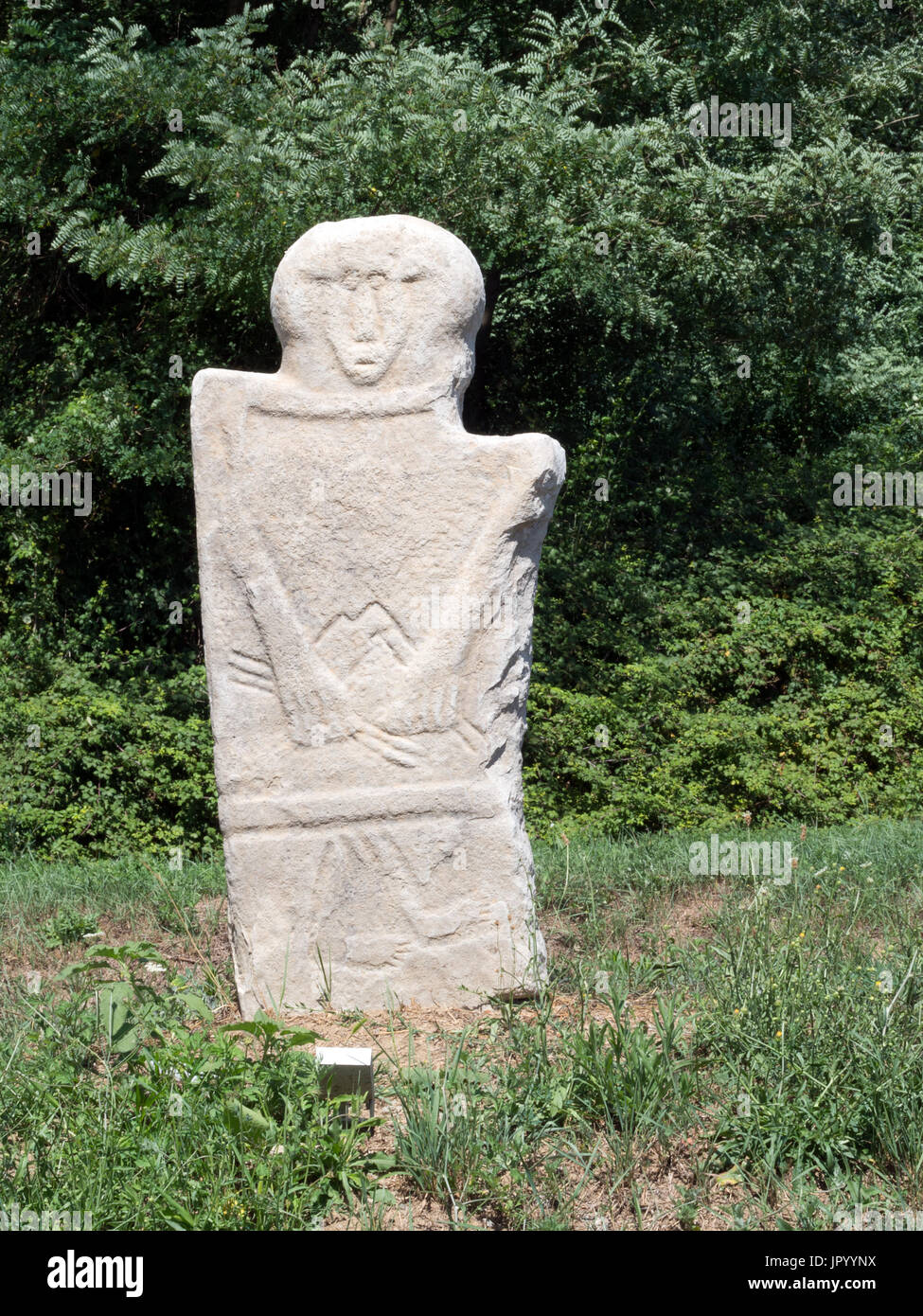Statua stele - Lunigiana, Italy. Replica example of ancient carved stones, typical of the area. Stock Photo