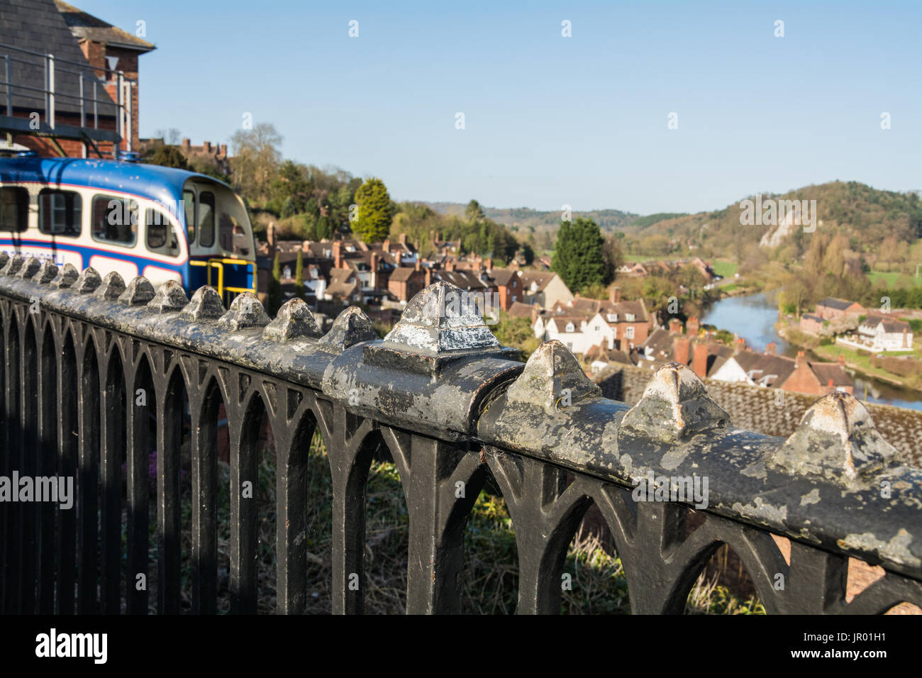 A view of the Cliff Railway car from Castle Terrace with the River Severn in the background, Bridgnorth, Shropshire, UK. Stock Photo
