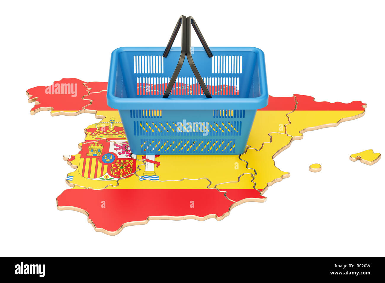 Shopping basket on Spanish map, market basket or purchasing power in