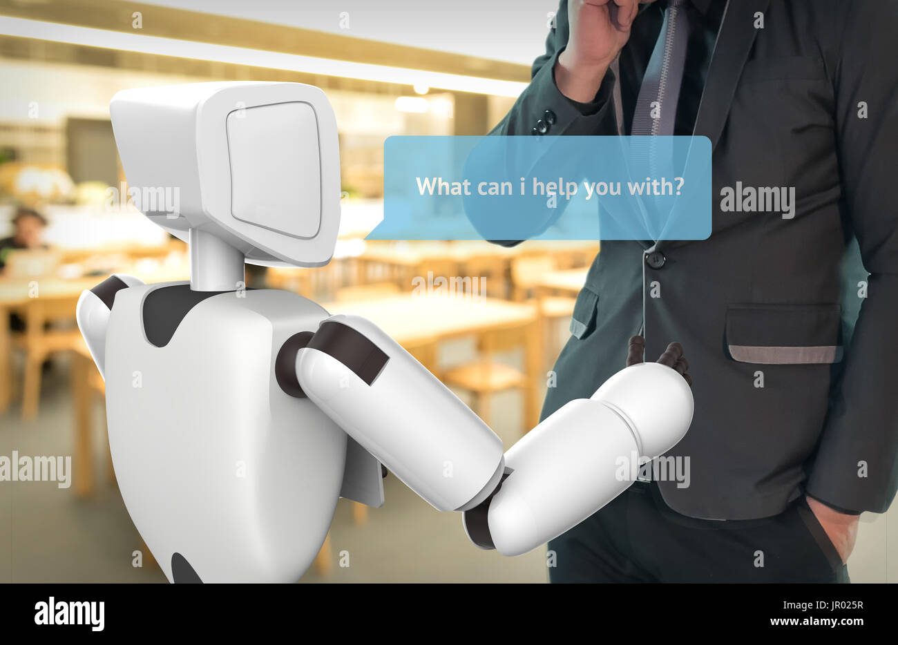 Artificial intelligence , ai concept. Businessman suit use self-driving robot assistant , robo-advisor ask customer to help dialog graphic. 3d Renderi Stock Photo