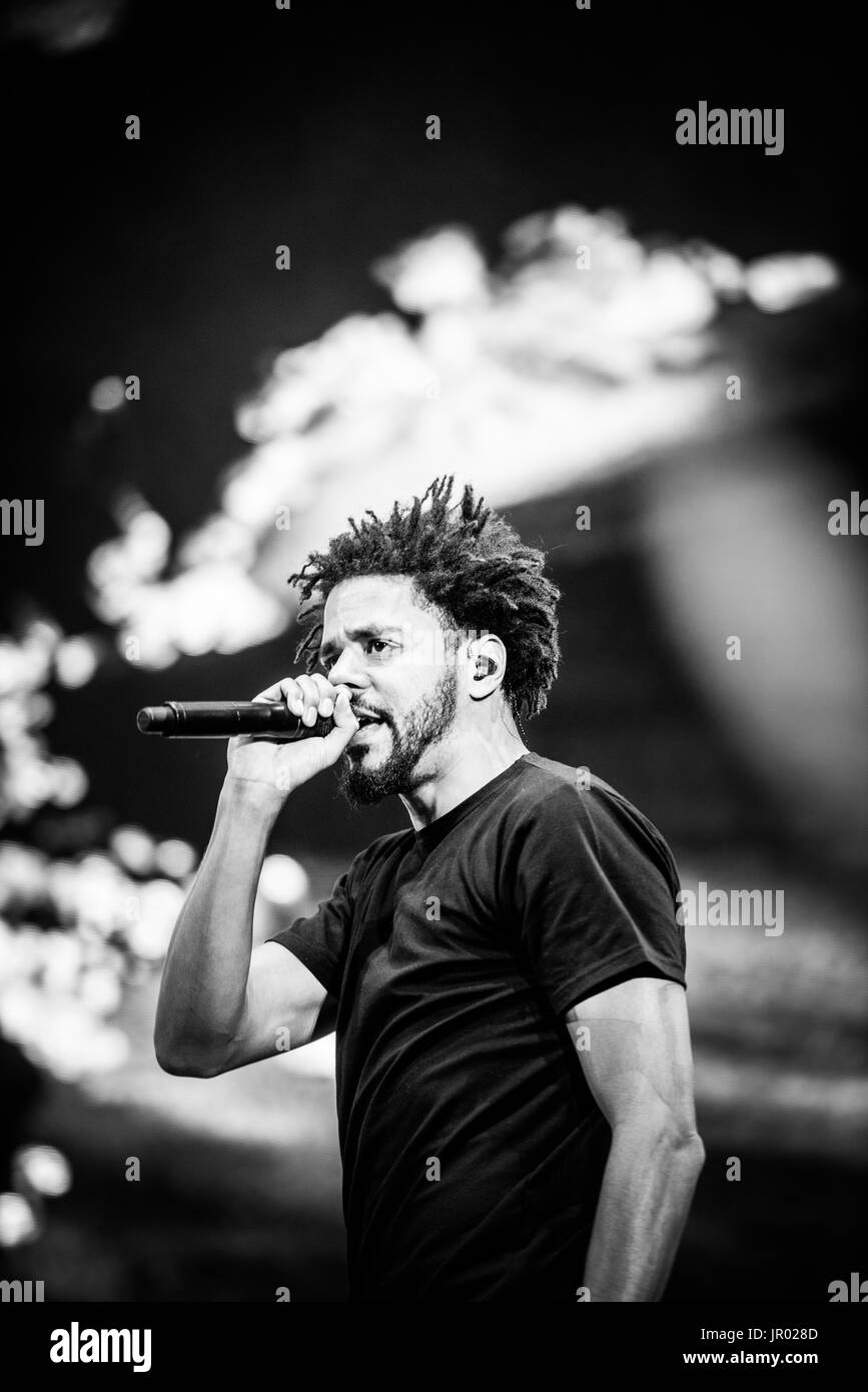 J. Cole performing at a music festival in British Columbia Canada in black and white. Stock Photo