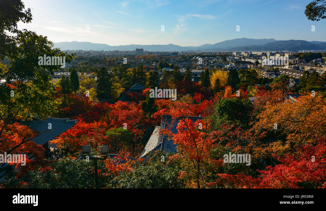 Beautiful evening autumn view of the Kyoto city skyline in Japan with red maples and temple rooftops Stock Photo