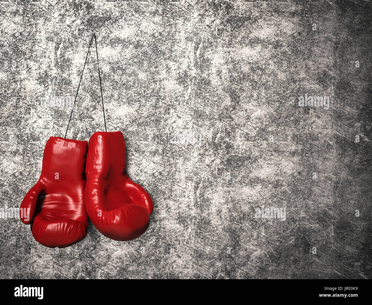 3d rendering red boxing gloves hanging on cement wall Stock Photo