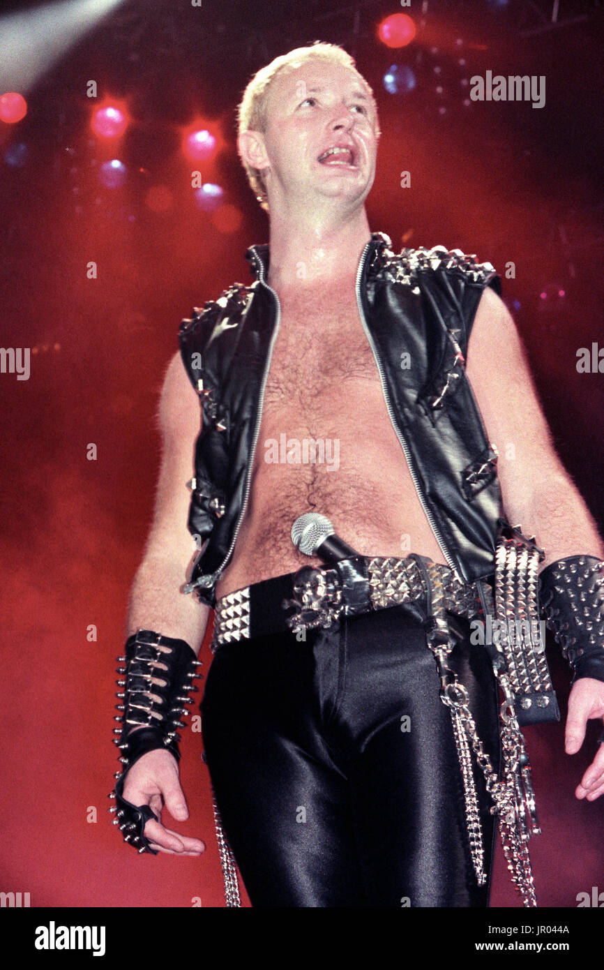 Singer Rob Halford of Judas Priest performs at Nassau Coliseum on March 21,  1984 in Nassau New York. Credit: mpi04/MediaPunch Stock Photo - Alamy