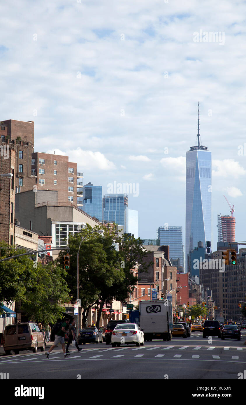 Looking Down 7th Ave South in the Village to One World Trade Centre in Manhttan - NY - USA Stock Photo