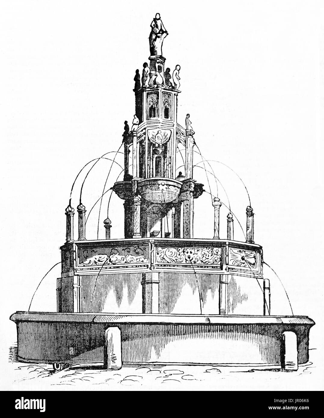 Old illustration of Amboise fountain, Clermont-Ferrand, France (previously located in Place Delille). After sculpture of Chapart, published on Magasin Stock Photo