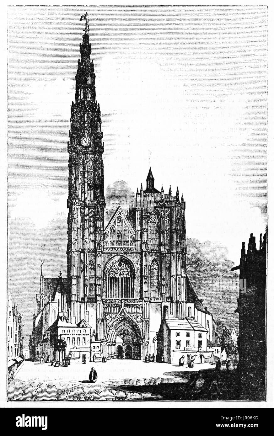 Old view of Cathedral of Our Lady, Antwerp, Belgium. Created by Jackson, published on Magasin Pittoresque, 1833. Stock Photo