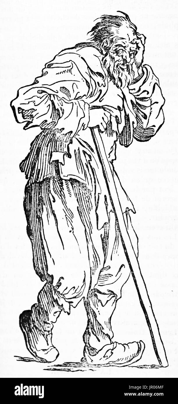 Old engraved portrait of a beggar. By unidentified author, published on Magasin Pittoresque, 1833. Stock Photo
