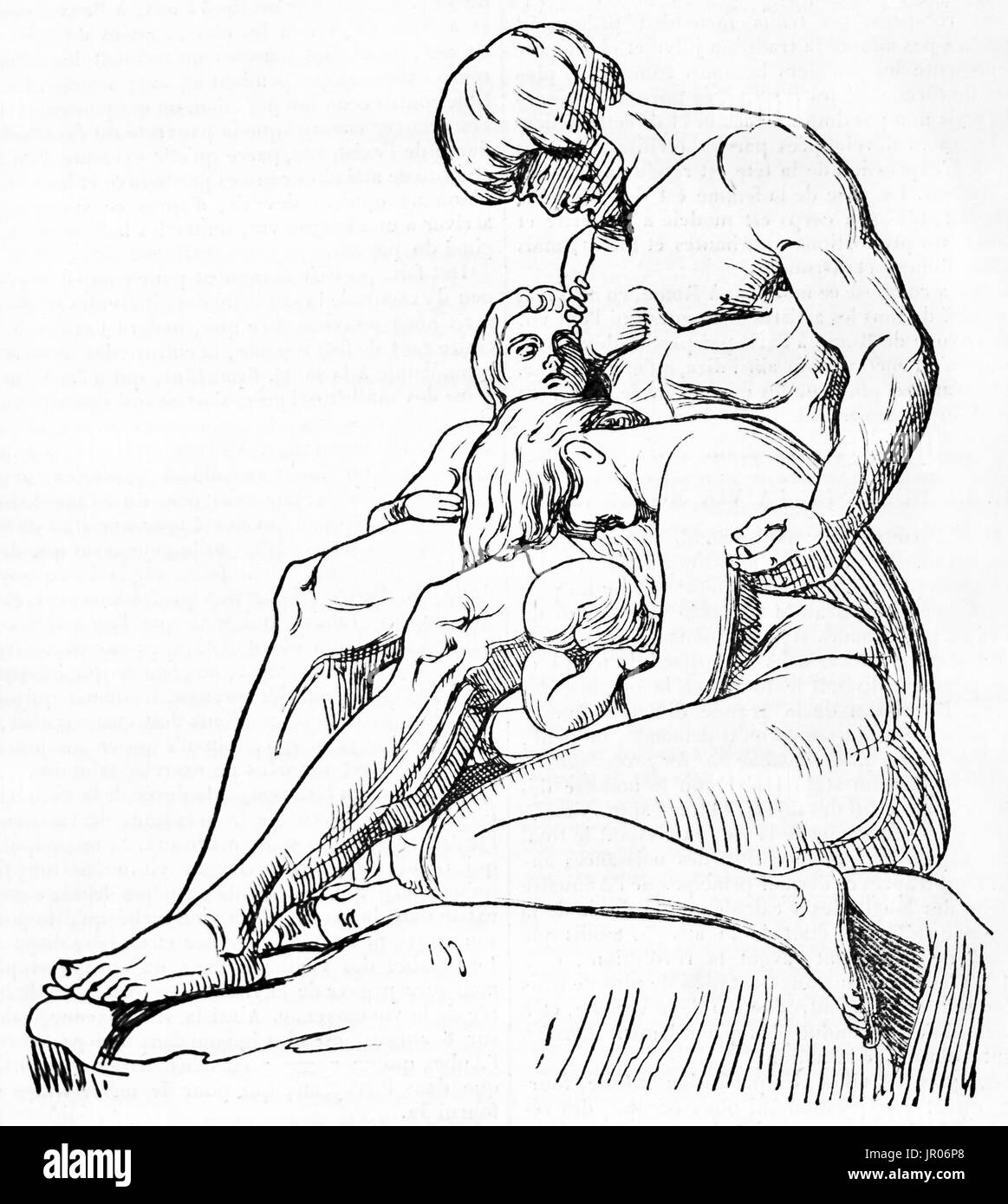 Cain and his family after the curse of God. Created by Etex, published on Magasin Pittoresque, 1833. Stock Photo