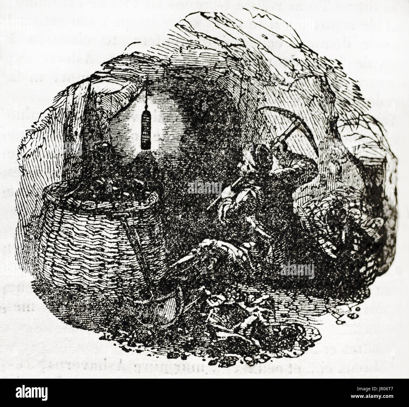 Old illustration of Davy lamp in a mine. By unidentified author, published on Magasin Pittoresque, Paris, 1833. Stock Photo