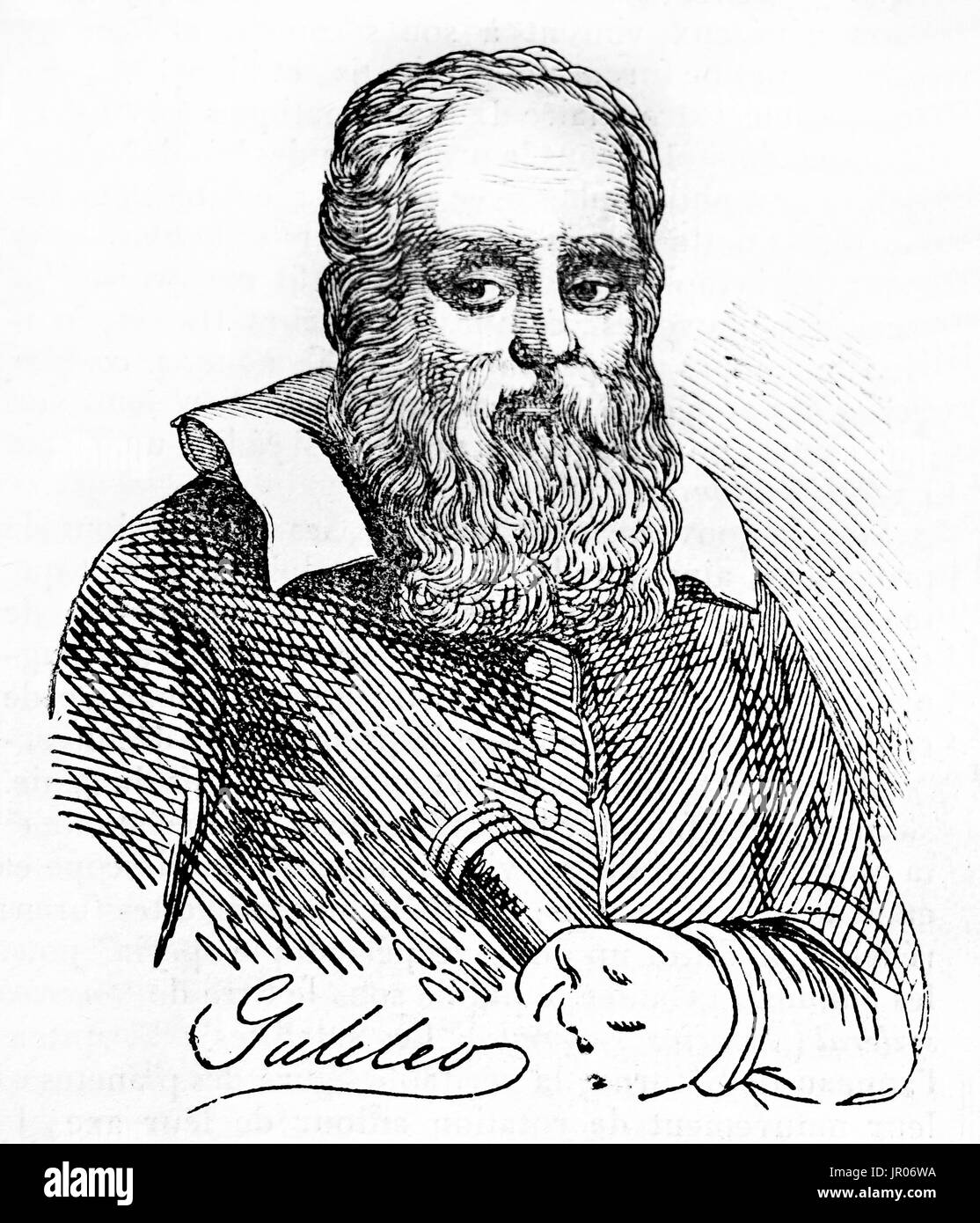 Old engraved portrait of Galileo Galilei  (1565 – 1642), Italian renaissance genius. By unidentified author, published on Magasin Pittoresque, Paris,  Stock Photo