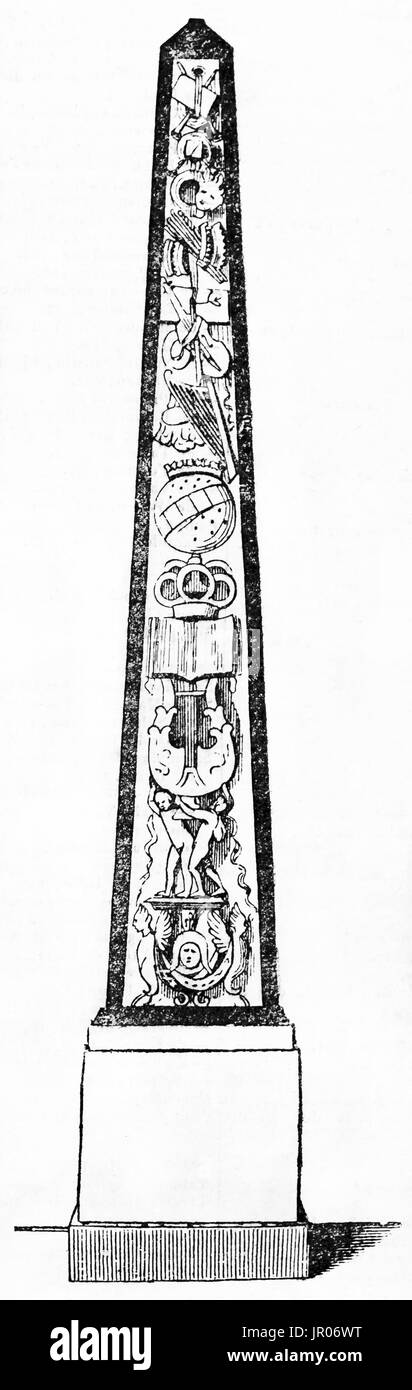Old engraved illustration of funerary monument for the heart of Duke Henri I of Longueville and his son, kept in Louvre museum. After sculpture of Ang Stock Photo
