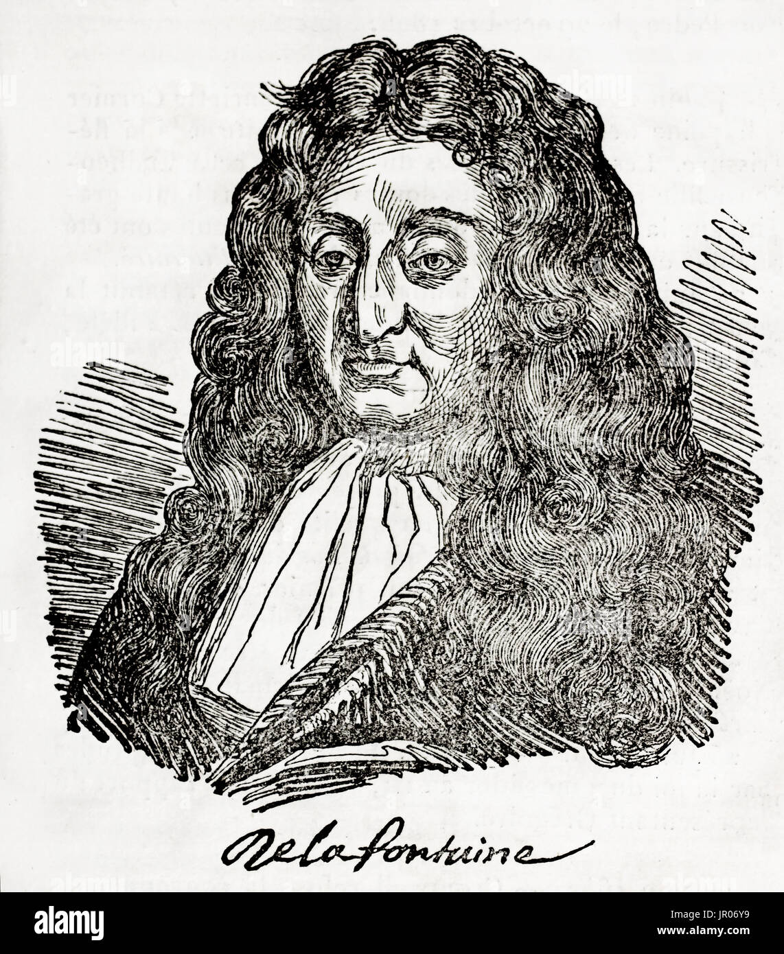 Old engraved portrait and signature of Jean de La Fontaine (1621 – 1695), famous French fabulist. By unidentified author, published on Magasin Pittore Stock Photo