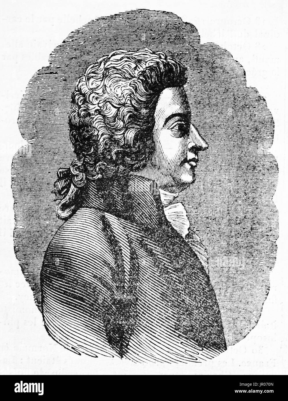 Old engraved portrait of Wolfgang Amadeus Mozart (1756 – 1791). Created by Jackson, published on Magasin Pittoresque, Paris, 1833. Stock Photo