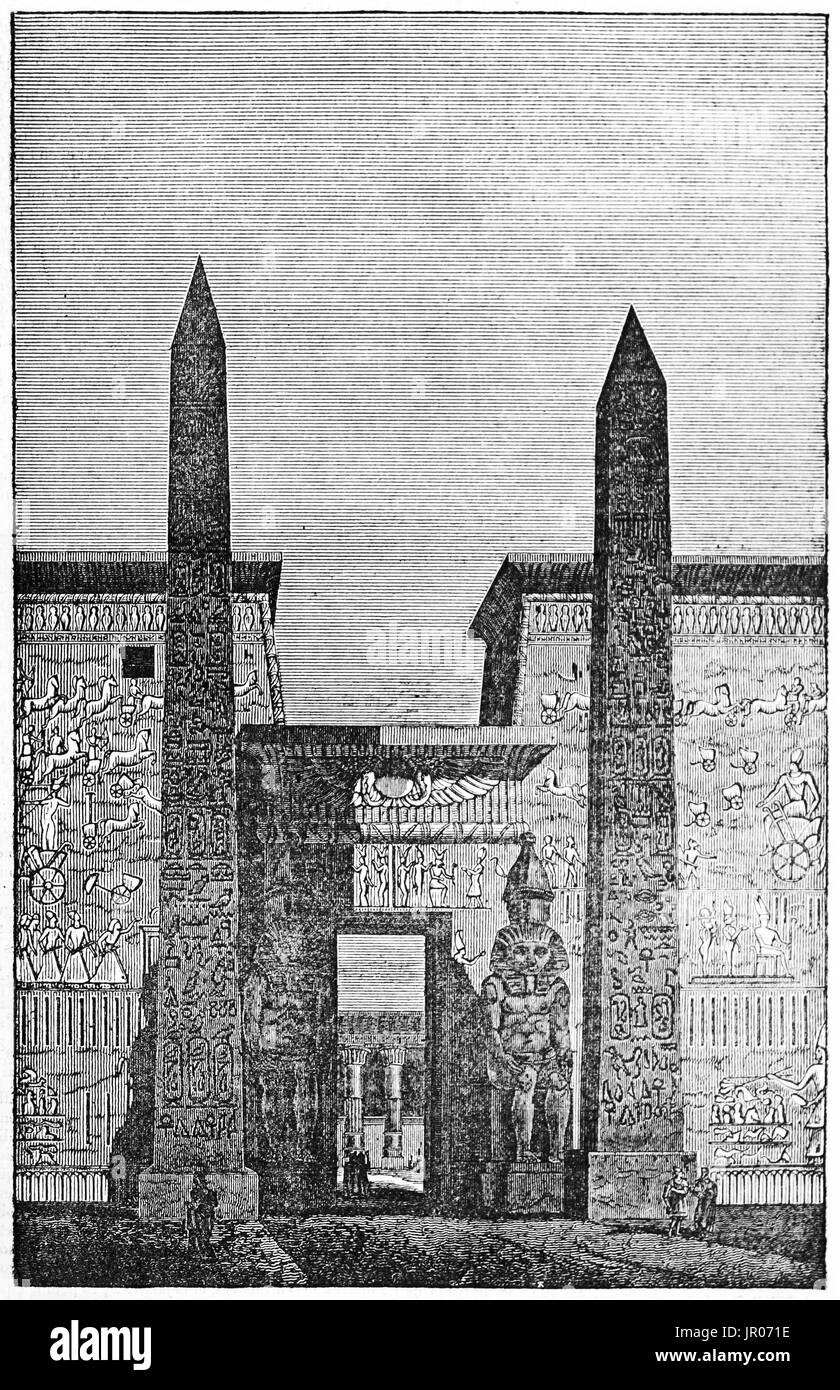Old illustration of Luxor temple obelisks (before one of the two was brought to Paris). Created by Andrew, Best and Leloir, published on Magasin Pitto Stock Photo