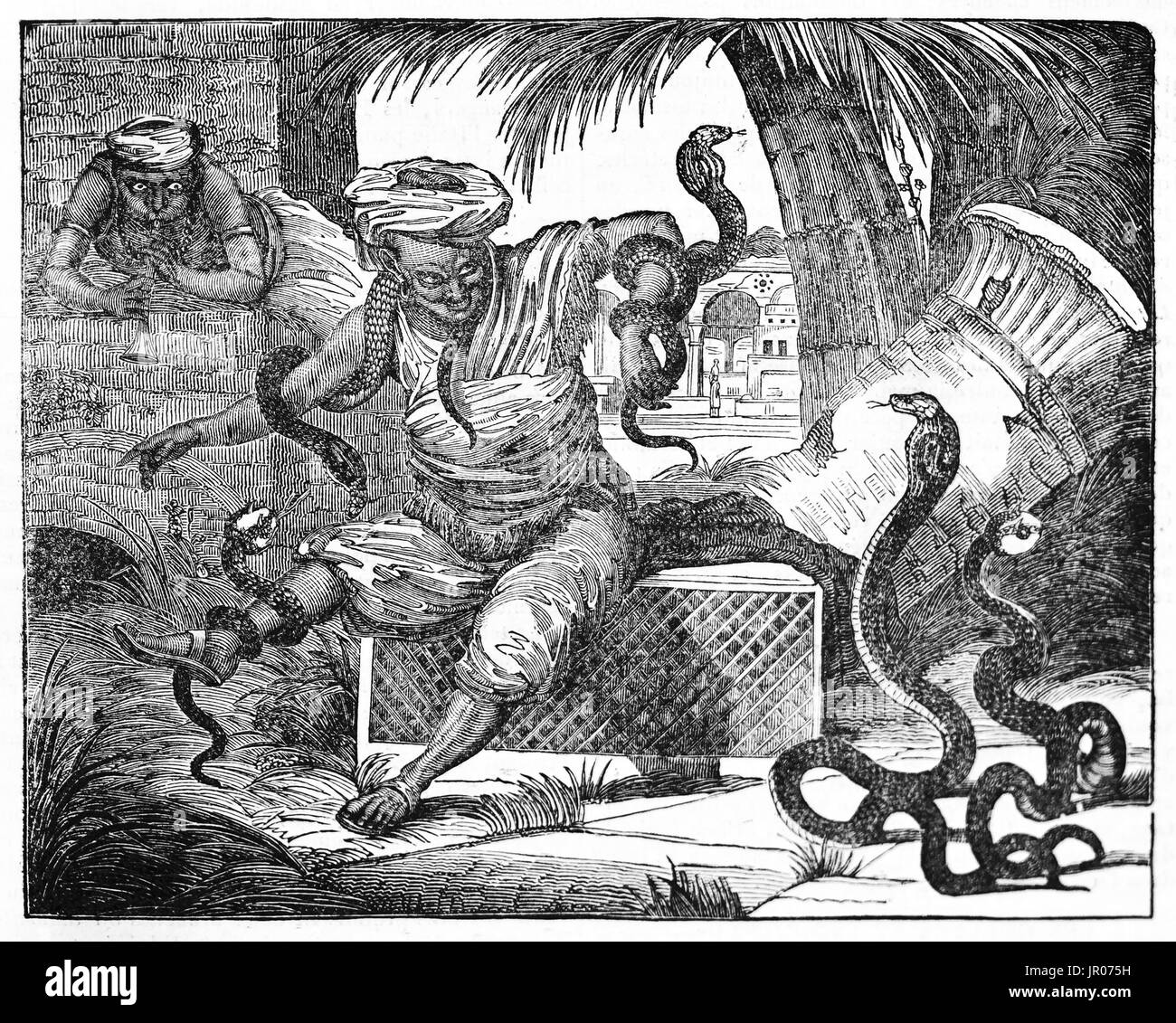 Old illustration of snake charmer. By unidentified author, published on Magasin Pittoresque, Paris, 1833. Stock Photo