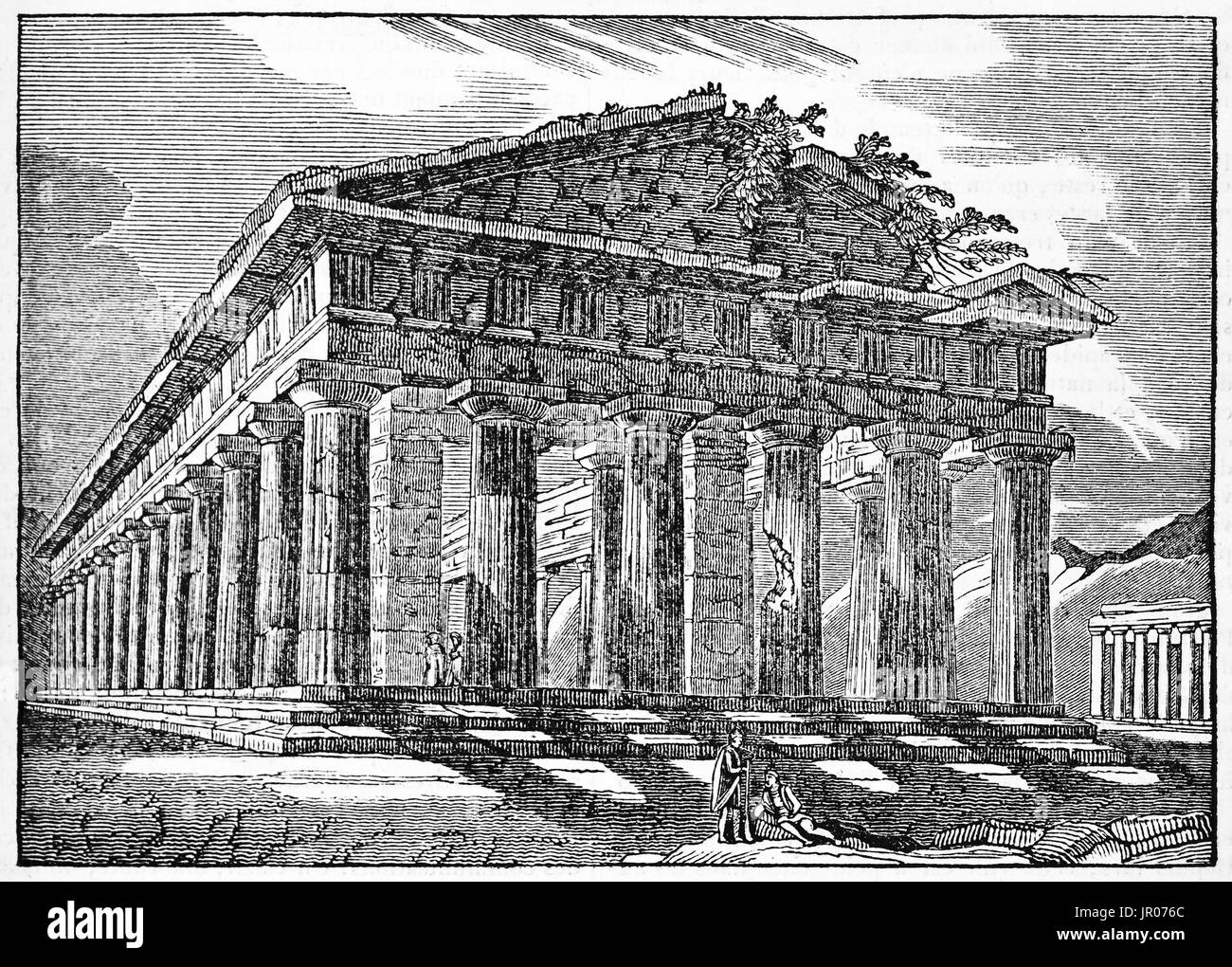 Old view of Second Temple of Hera in Paestum, southern Italy (also wrongly known as Temple of Neptune). By unidentified author, published on Magasin P Stock Photo