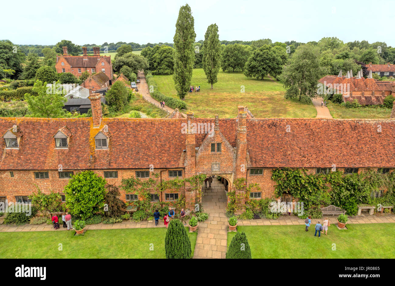 High angle view of Sissinghurst Castle Garden and far right a number of oast house buildings, Kent, England, United Kingdom.. Stock Photo