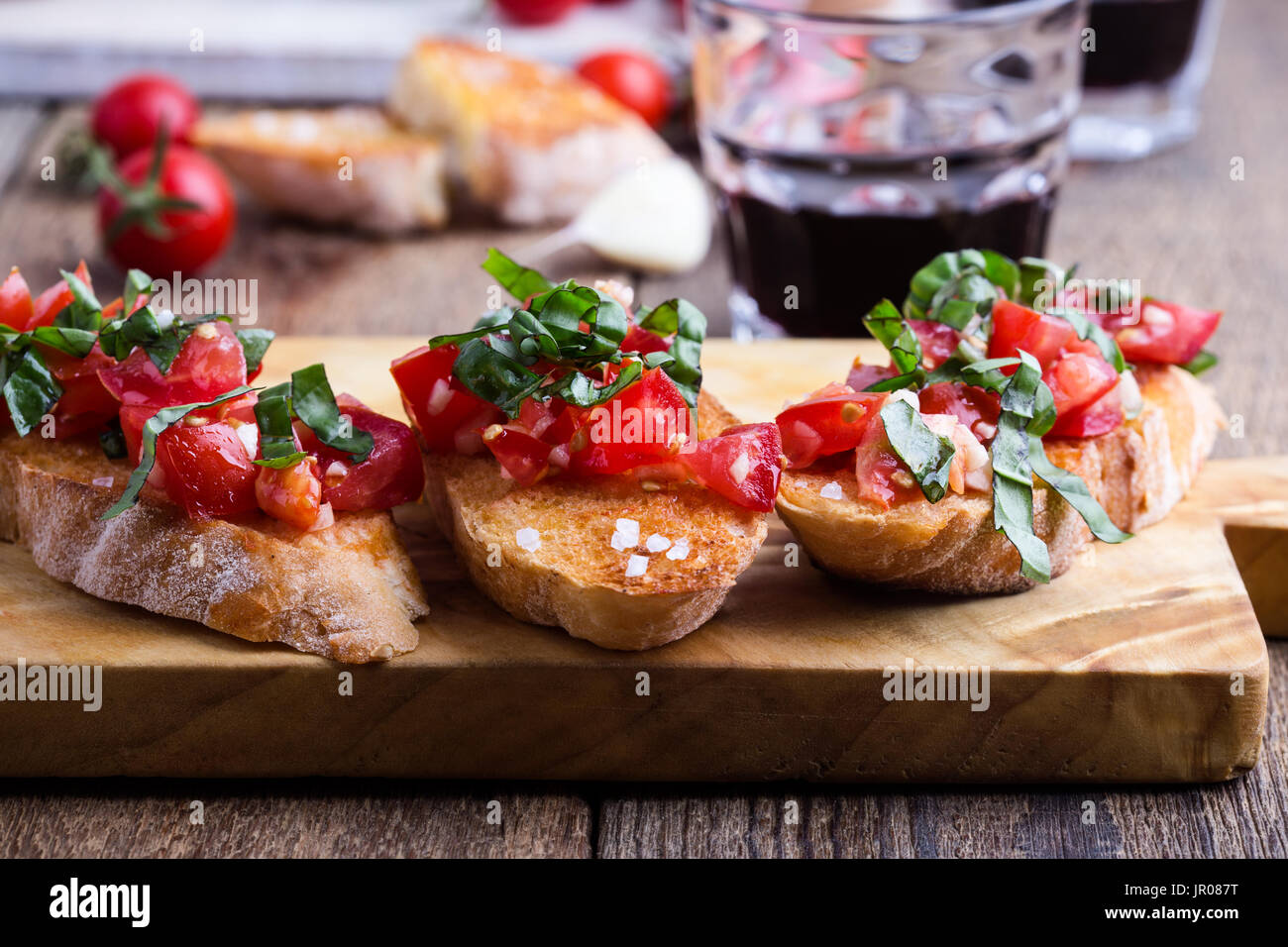 Tomato and basil bruschetta with toasted garlic bread, traditional