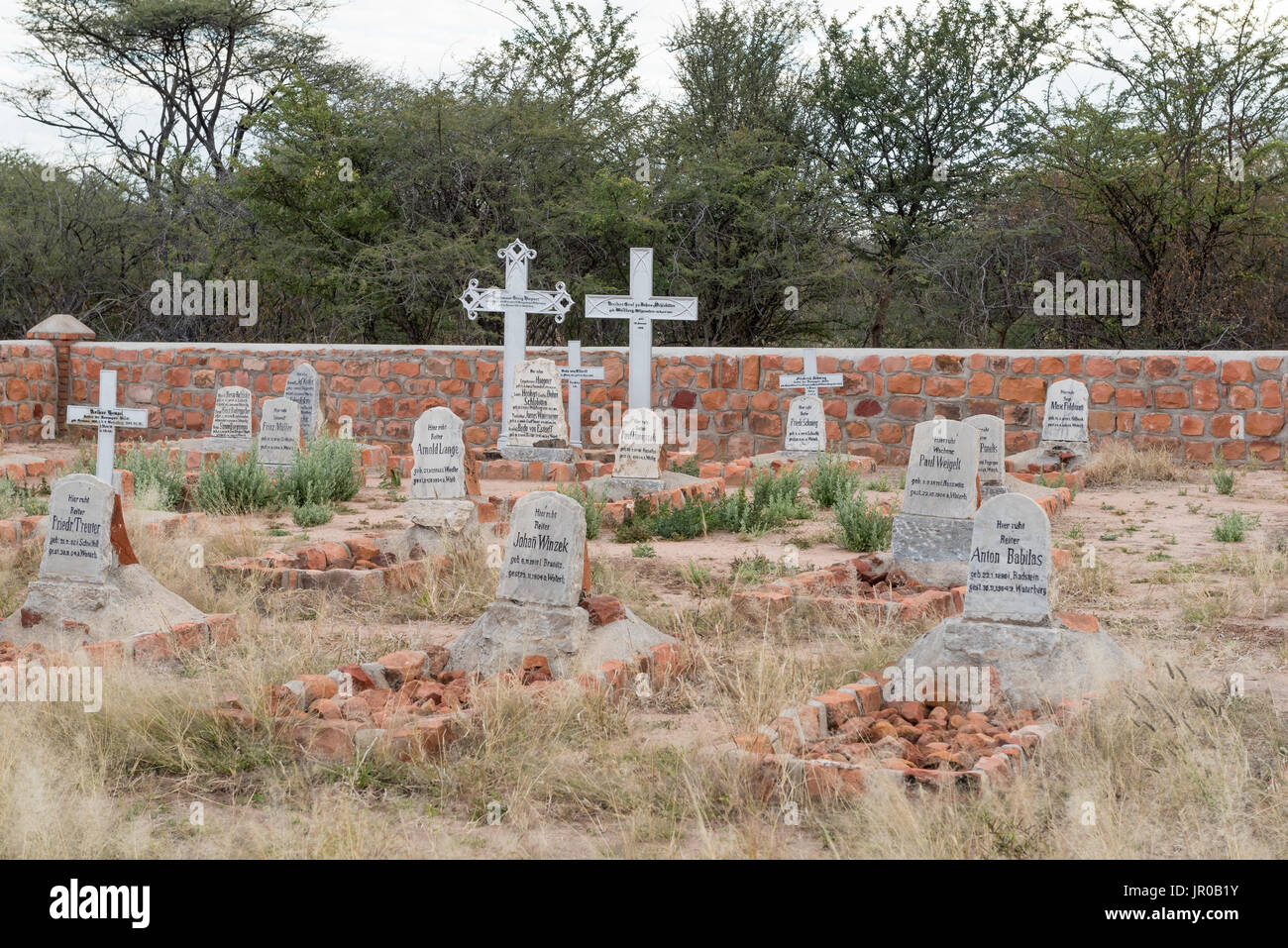 WATERBERG PLATEAU NATIONAL PARK, NAMIBIA - JUNE 19, 2017:  The German military graveyard from the battle in 1904 between German and Herero armies Stock Photo