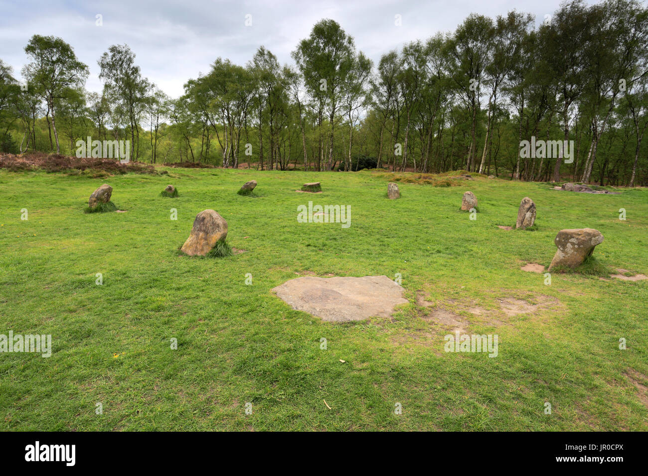 9 Ladies Stone Circle, Stanton Moor, Peak District National Park, Derbyshire, England, UK Stock Photo