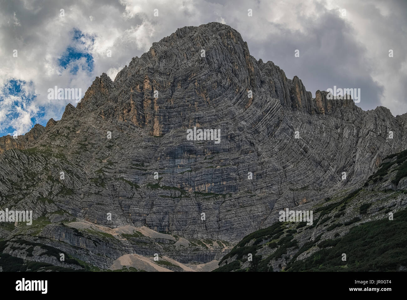 Plate Tectonics At Work, This Folded Mountain In The Italian Dolomites Is A Great Example; Cortina, Italy Stock Photo