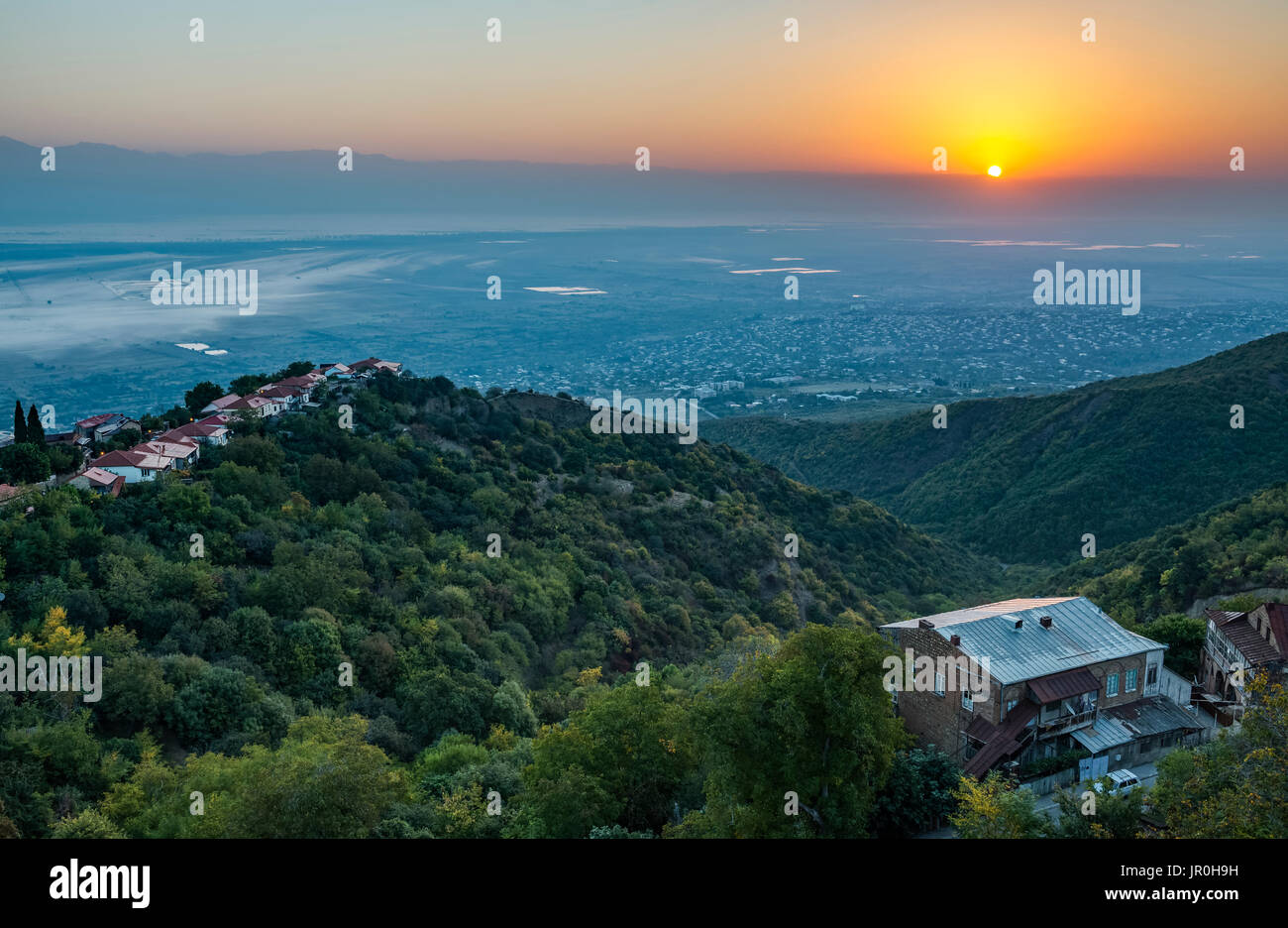 The Sun Is Rising Above Caucasus Mountains And The Alazani Valley; Georgia Stock Photo