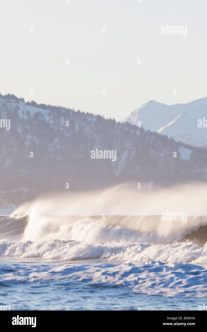Waves Splashing And Forming A Mist Over The Ocean With Snow Covered Forest And Mountains In The Background; Alaska, United States Of America Stock Photo