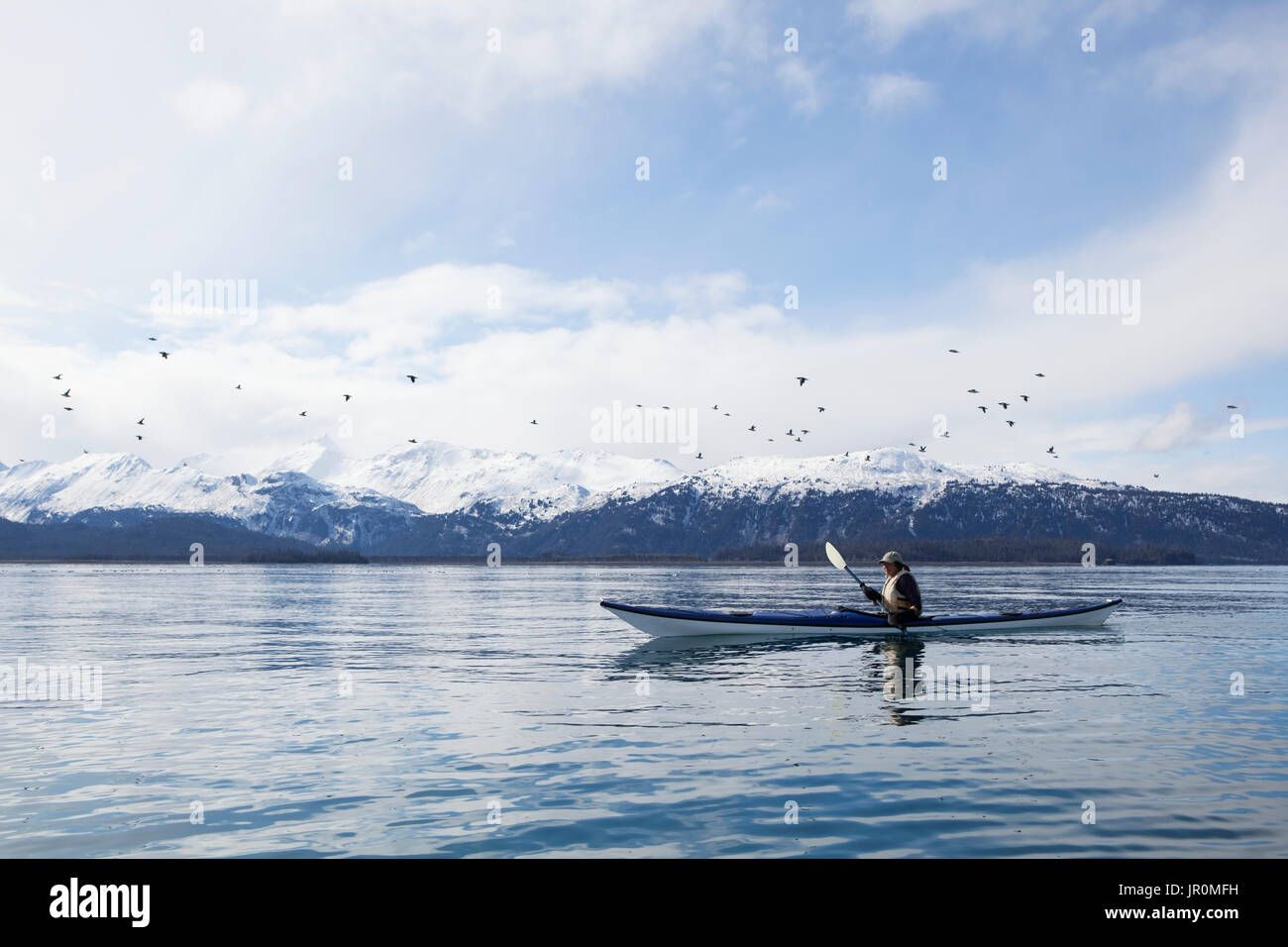 Paddling In A Canoe On Tranquil Water With A Flock Of Birds Flying Overhead And A View Of The Snow Capped Kenai Mountains, Kachemak Bay State Park Stock Photo