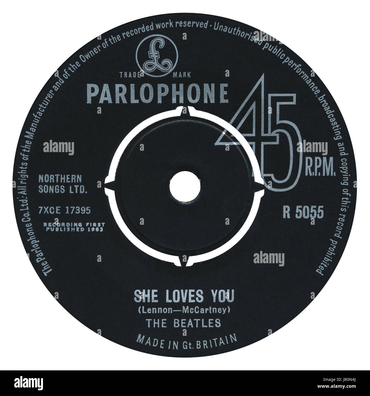 45 RPM 7' UK record label of She Loves You by The Beatles on the Parlophone label from 1963. Stock Photo